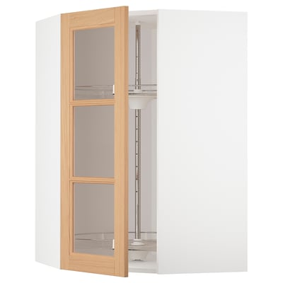 METOD Corner wall cab w carousel/glass dr, white/Vedhamn oak, 68x100 cm