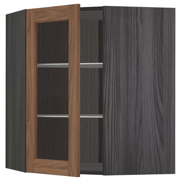 METOD Corner wall cab w shelves/glass dr, black Enköping/brown walnut effect, 68x80 cm