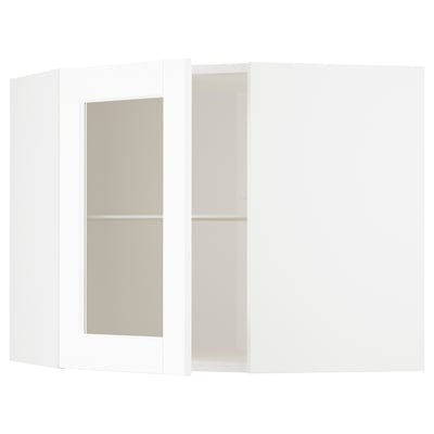 White METOD kitchen cabinets with frosted glass doors, featuring a classic design and wood texture.
