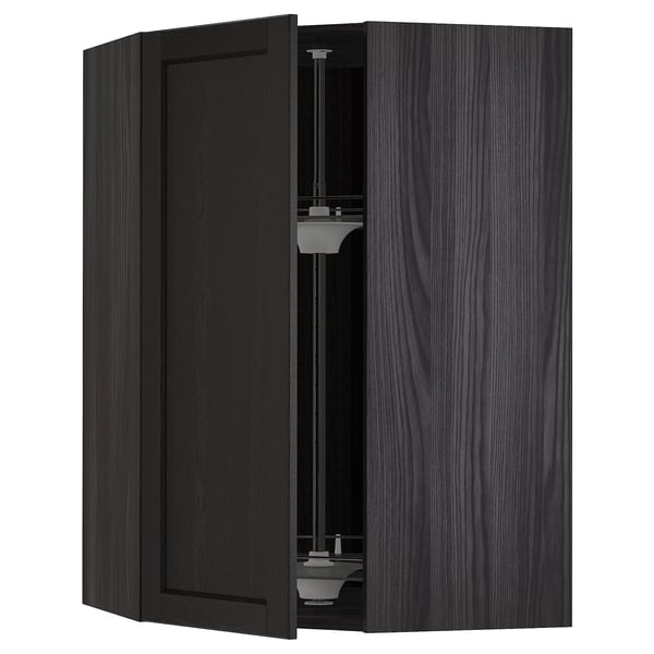 METOD Corner wall cabinet with carousel, black/Lerhyttan black stained, 68x100 cm