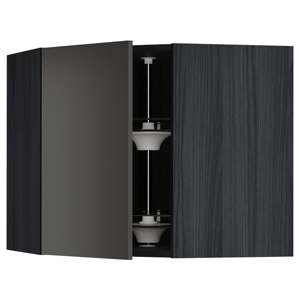 METOD Corner wall cabinet with carousel, black/Nickebo matt anthracite, 68x60 cm