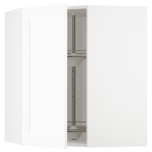White METOD kitchen cabinet with adjustable shelf and clear glass carousel.