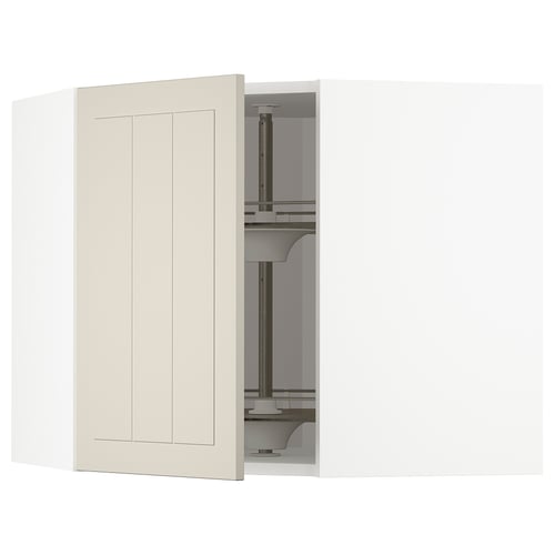 METOD kitchen: beige cabinet, modern style with vertical panels, open to show shelves and mechanical parts.