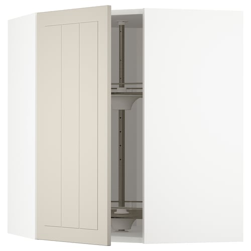 Modular kitchen unit, beige doors, glass shelf, metal supports.