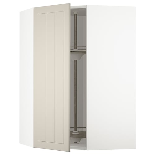 METOD kitchen with beige stensund doors, open showing shelves and mechanisms.
