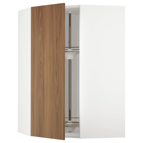 Modern open kitchen cabinet with walnut METOD, smooth surfaces, metal rail, glass shelf.