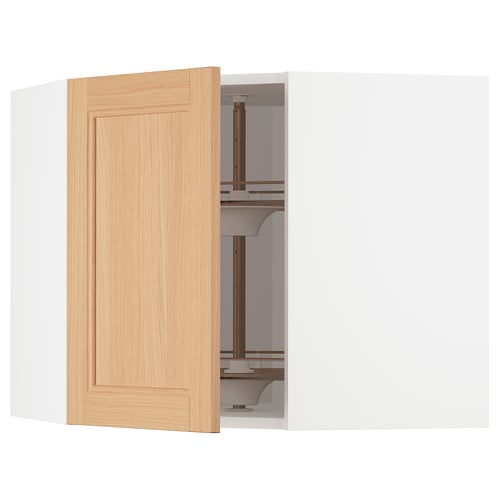 Open light wood kitchen cabinet with adjustable shelf, showcasing sturdy construction and natural finish.