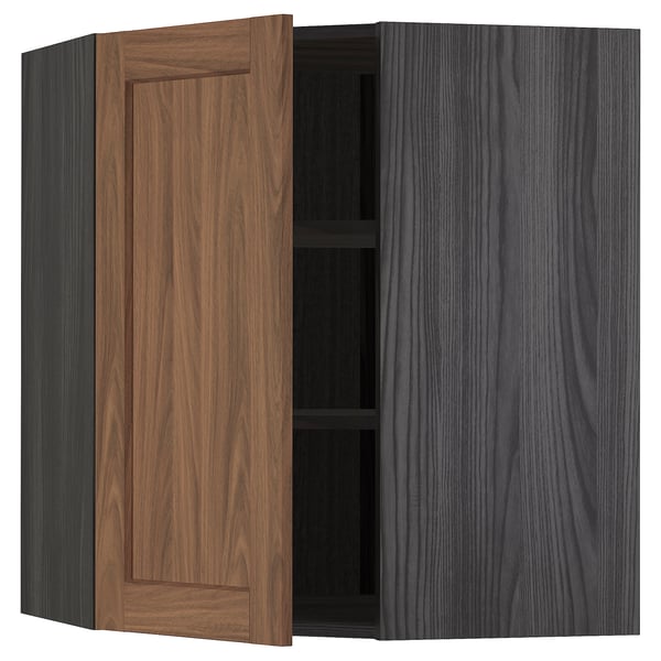 METOD Corner wall cabinet with shelves, black Enköping/brown walnut effect, 68x80 cm