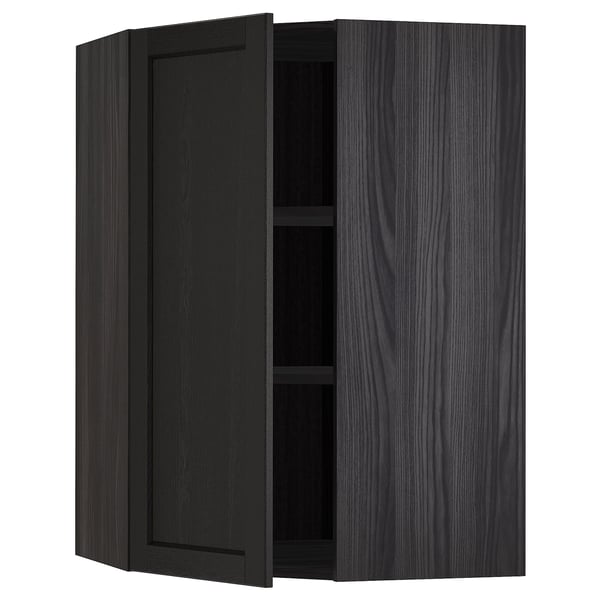 METOD Corner wall cabinet with shelves, black/Lerhyttan black stained, 68x100 cm
