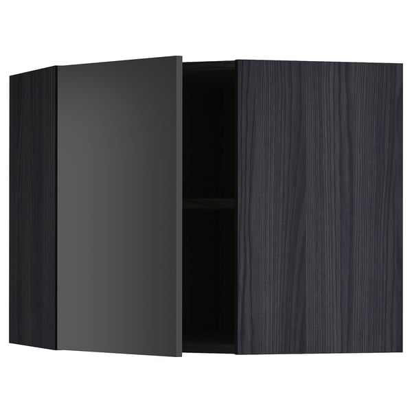 METOD Corner wall cabinet with shelves, black/Nickebo matt anthracite, 68x60 cm