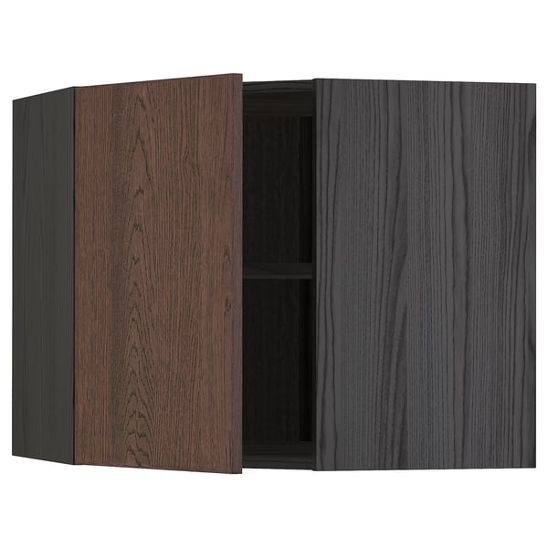 METOD Corner wall cabinet with shelves, black/Sinarp brown, 68x60 cm