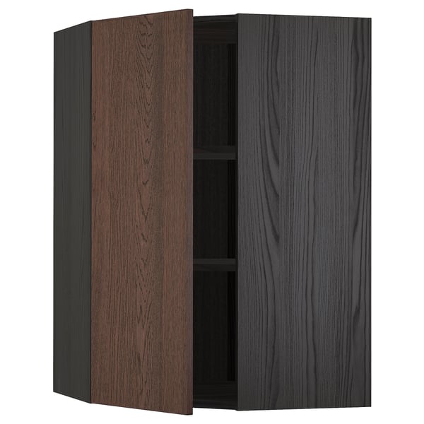METOD Corner wall cabinet with shelves, black/Sinarp brown, 68x100 cm