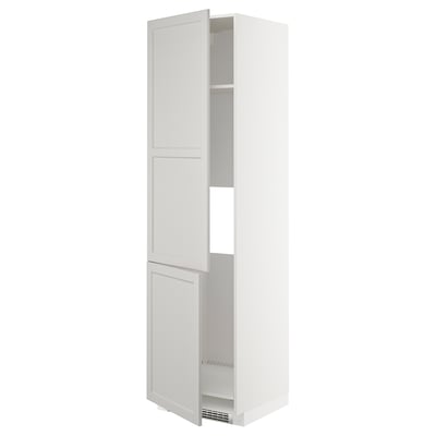 White METOD kitchen cabinet with light grey doors, tall, rectangular, classic design.