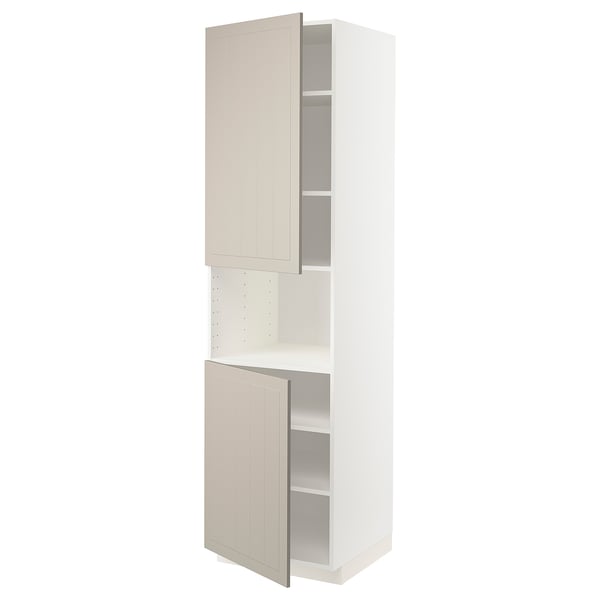 A METOD kitchen cabinet in beige. Its a tall, vertical unit with two open doors, viewing an adjustable shelf inside.