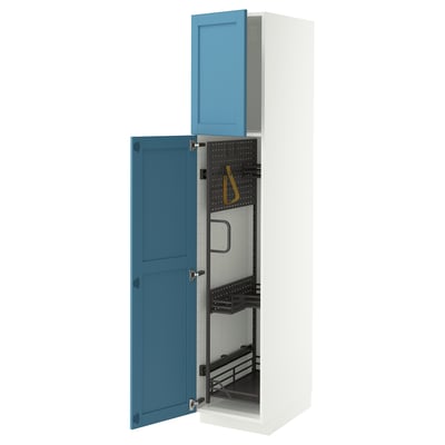 METOD High cabinet with cleaning interior, white/Lerhyttan blue, 40x60x200 cm