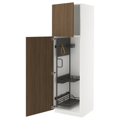 METOD High cabinet with cleaning interior, white/Tistorp brown walnut effect, 60x60x200 cm