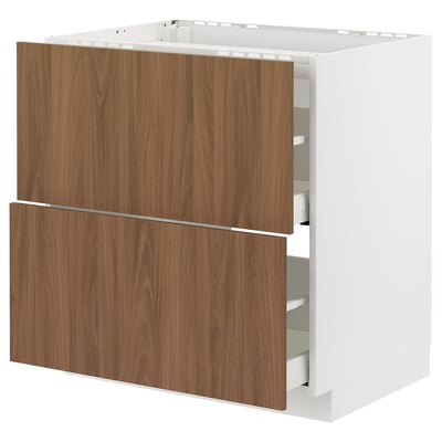 METOD / MAXIMERA Base cab f hob/2 fronts/2 drawers, white/Tistorp brown walnut effect, 80x60 cm