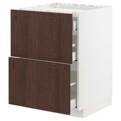 METOD / MAXIMERA Base cab f hob/2 fronts/3 drawers, white/Sinarp brown, 60x60 cm