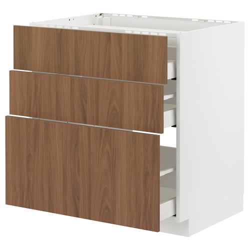 A modern white kitchen cabinet with dark wood drawers. It has three sliding drawers and a sleek design.