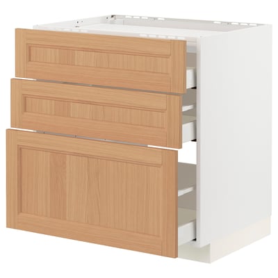 METOD / MAXIMERA Base cab f hob/3 fronts/3 drawers, white/Vedhamn oak, 80x60 cm