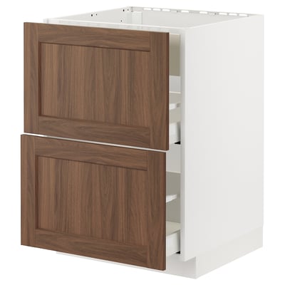 METOD / MAXIMERA Base cab f hob/int extractor w drw, white Enköping/brown walnut effect, 60x60 cm