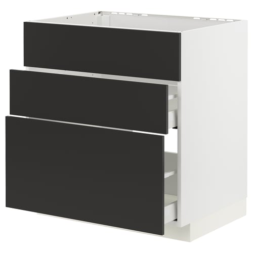 METOD kitchen cabinet with three black drawers; sleek, modern design.