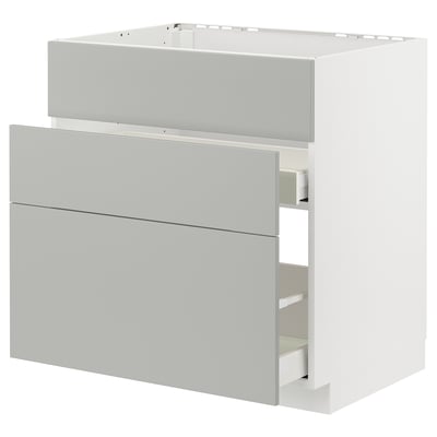 Modern light grey kitchen unit with sleek handles and drawers.