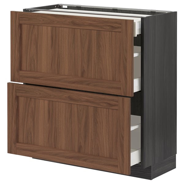 METOD / MAXIMERA Base cab with 2 fronts/3 drawers, black Enköping/brown walnut effect, 80x37 cm