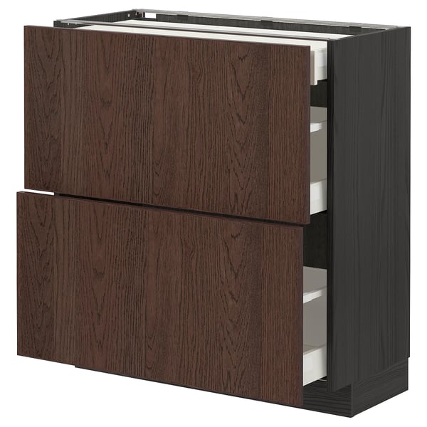 METOD / MAXIMERA Base cab with 2 fronts/3 drawers, black/Sinarp brown, 80x37 cm