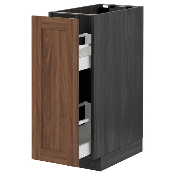 METOD / MAXIMERA Base cabinet/pull-out int fittings, black Enköping/brown walnut effect, 30x60 cm
