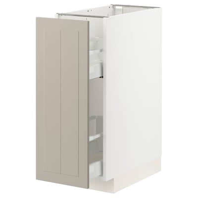 Image shows a beige METOD kitchen cabinet with one door open, revealing pull-out shelves inside.