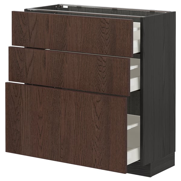 METOD / MAXIMERA Base cabinet with 3 drawers, black/Sinarp brown, 80x37 cm