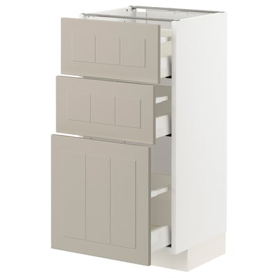 Ikea METOD kitchen unit with beige stensund fronts, white, rectangle, three drawers, shaker-style.