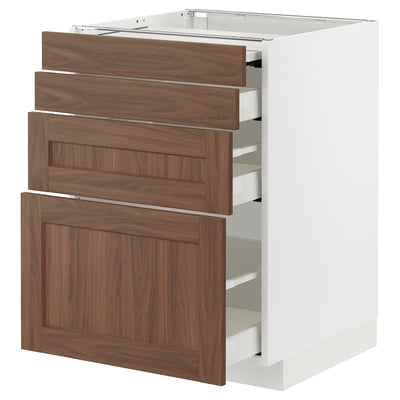 METOD / MAXIMERA Bc w pull-out work surface/3drw, white Enköping/brown walnut effect, 60x60 cm