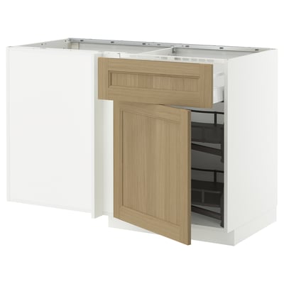 METOD / MAXIMERA Corner base cab w drawer and p-out, white/Vedhamn oak, 128x68 cm