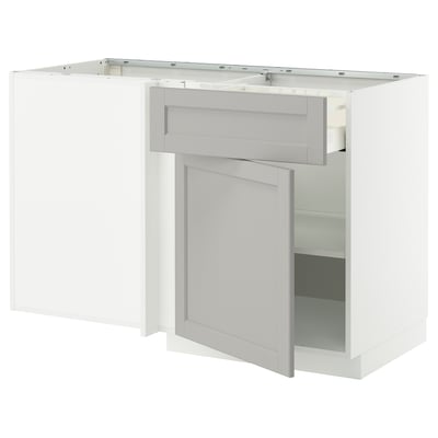 METOD / MAXIMERA Corner base cab w drawer and shelf, white/Lerhyttan light grey, 128x68 cm