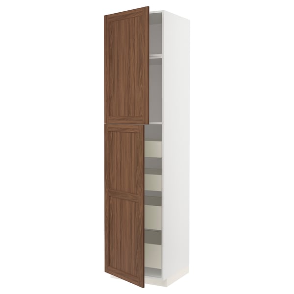 METOD / MAXIMERA Hi cab w 2 doors/4 drawers, white Enköping/brown walnut effect, 60x60x240 cm