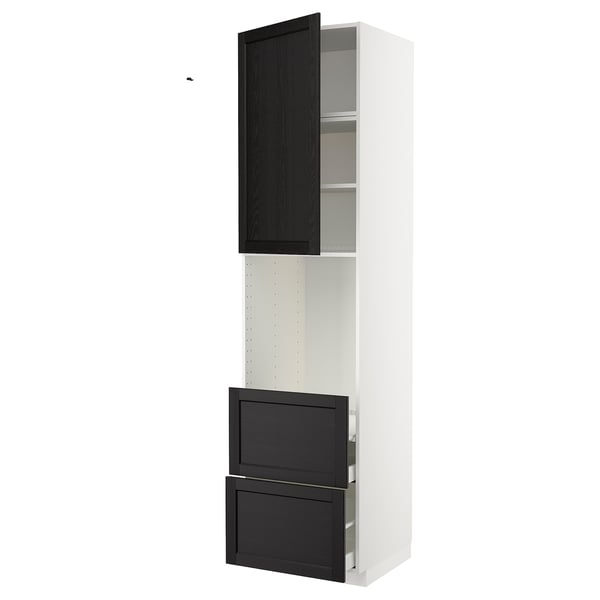 A white and dark grey kitchen cabinet. It includes a tall unit with an open door and two drawers.