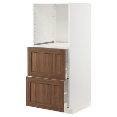 METOD / MAXIMERA High cabinet w 2 drawers for oven, white Enköping/brown walnut effect, 60x60x140 cm