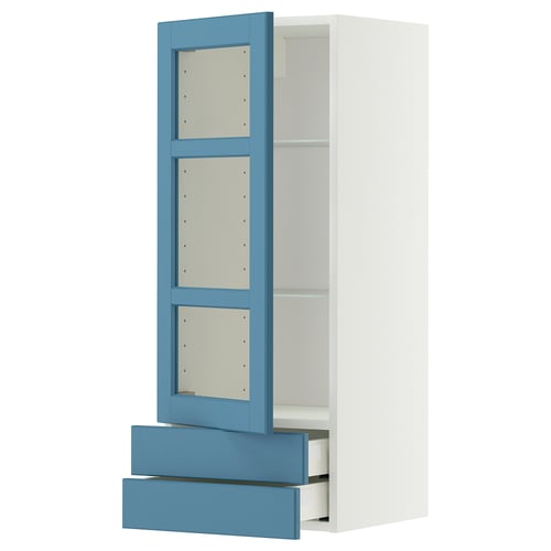 This image shows a blue and white METOD storage unit. The unit three glass shelves and two drawers, all with a sleek, modern design.