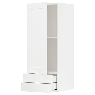 White kitchen cabinet unit with three compartments, two drawers, sleek design.