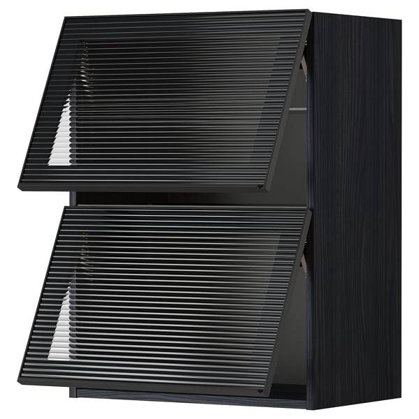 METOD Wall cab horizontal w 2 glass doors, black/Hejsta anthracite reeded glass, 60x80 cm