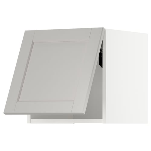 Depicts a white METOD kitchen cabinet with clean, square lines. It bevelled edges and a classic, traditional design.