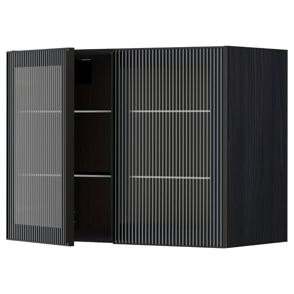 METOD Wall cabinet w shelves/2 glass drs, black/Hejsta anthracite reeded glass, 80x60 cm