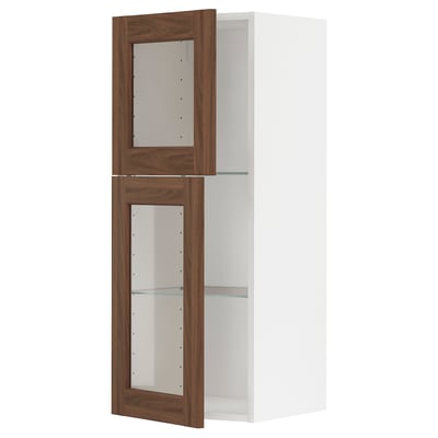 METOD Wall cabinet w shelves/2 glass drs, white Enköping/brown walnut effect, 40x100 cm