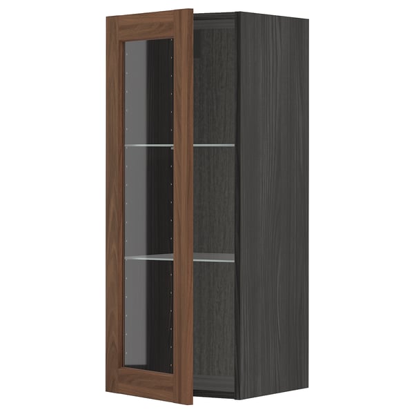 METOD Wall cabinet w shelves/glass door, black Enköping/brown walnut effect, 40x100 cm