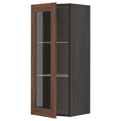 METOD Wall cabinet w shelves/glass door, black Enköping/brown walnut effect, 40x100 cm