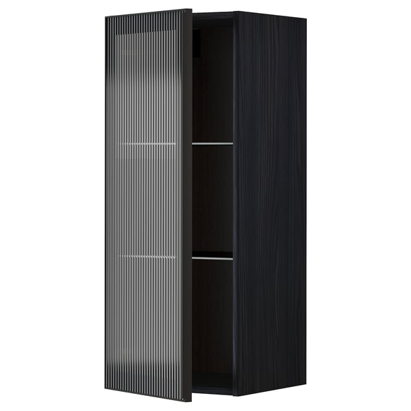 METOD Wall cabinet w shelves/glass door, black/Hejsta anthracite reeded glass, 40x100 cm