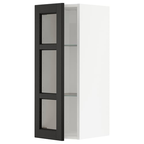 Modern black glass cabinet with wooden trim, featuring three shelves, mounted on a white wall.