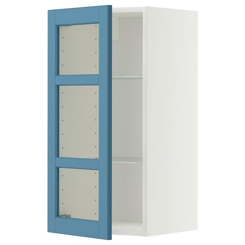 METOD Wall cabinet w shelves/glass door, white/Lerhyttan blue, 40x80 cm